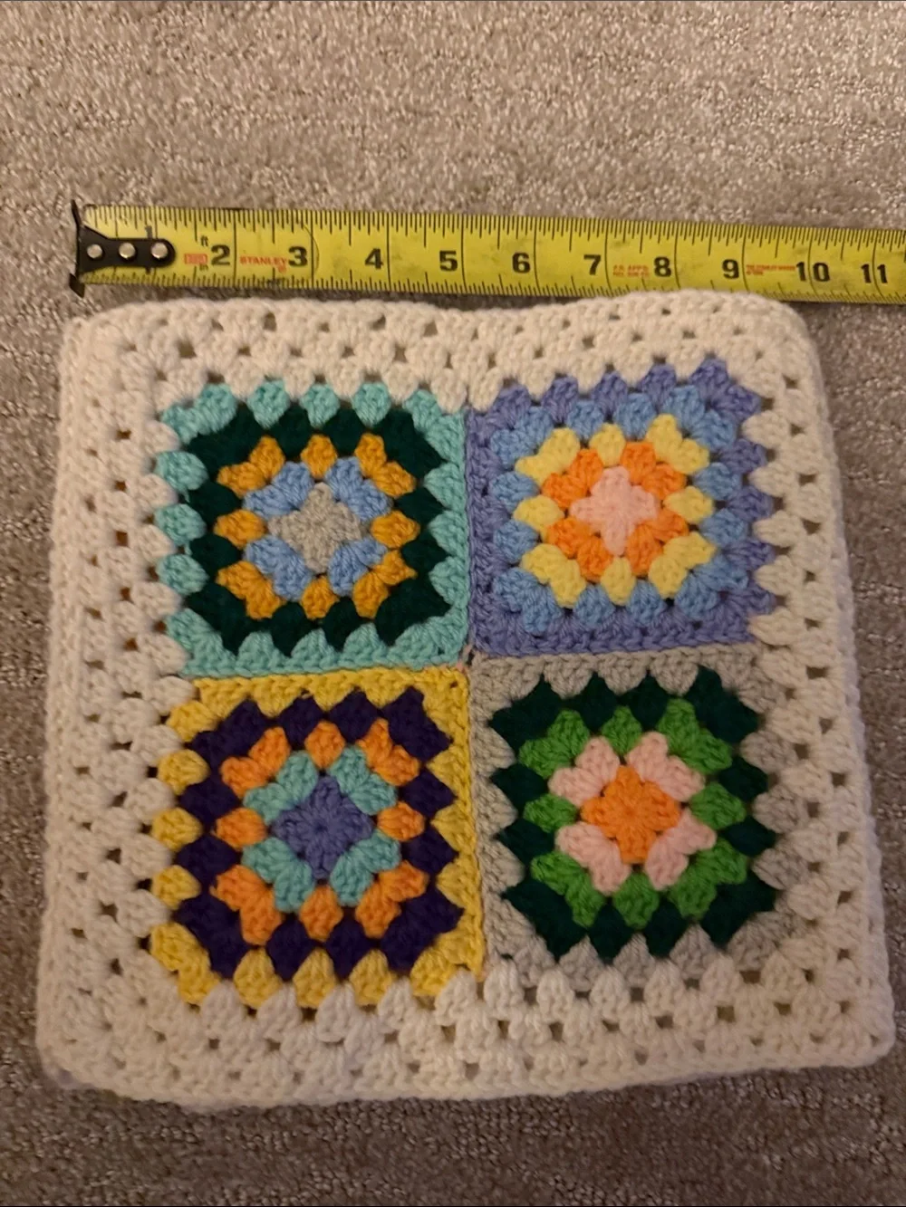 Handmade Cream Granny Square Crochet Cushion Cover with Multicolor Squares